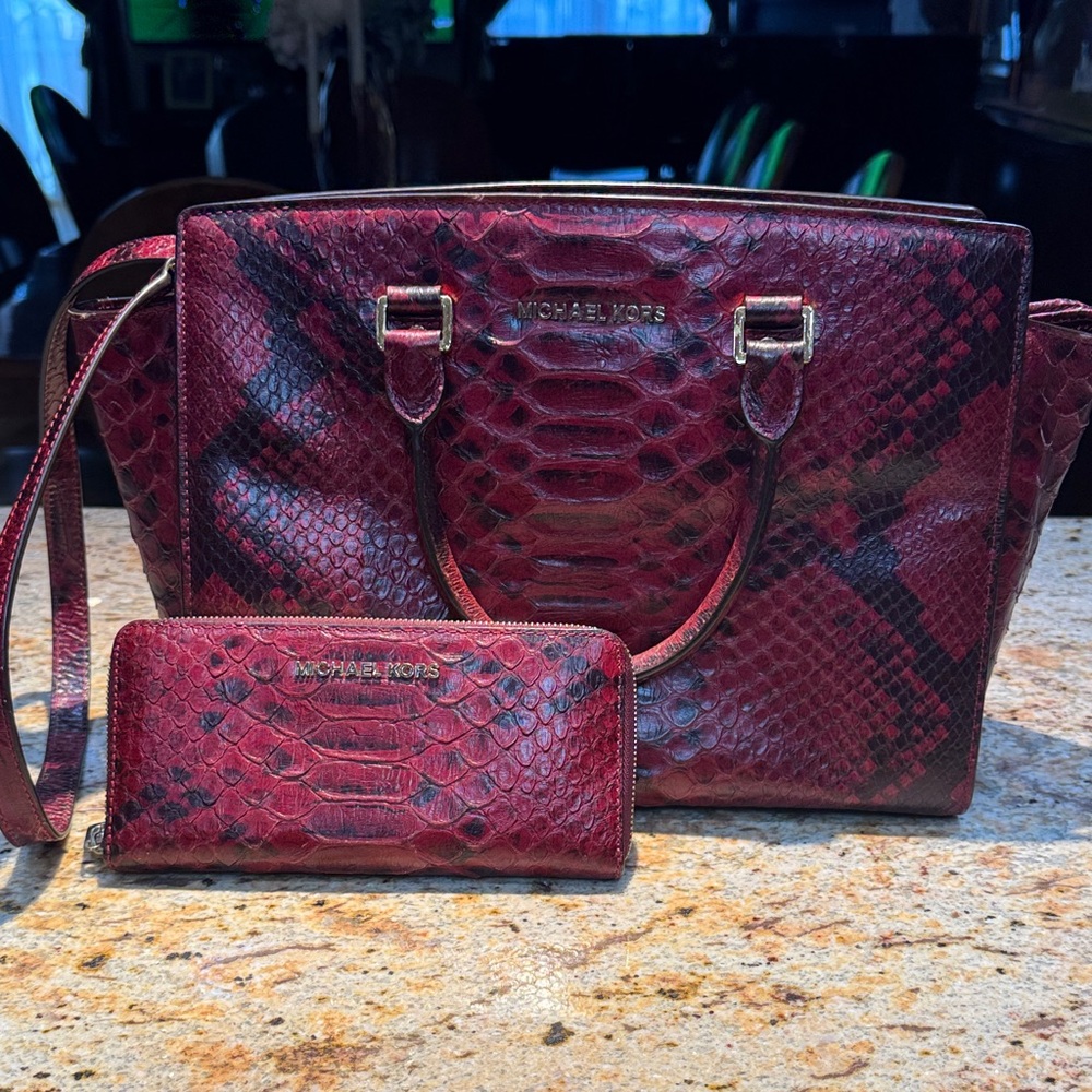 Michael Kors Burgundy Snake Print Satchel and Wallet